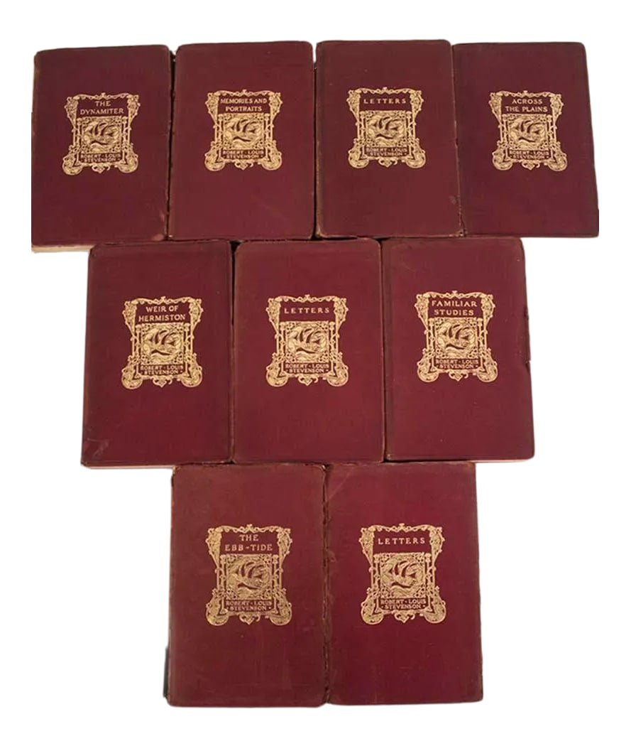 Set of 8 Leather Bound Books - Robert Louis Stevenson: Set of 8 rare antiquarian leather bound books with gold gilt design on covers by Robert Louis Stevenson . Publisher Charles Scribner's Sons. Titles include: Weir of Hermiston 1921, Letters Vol I 1922,