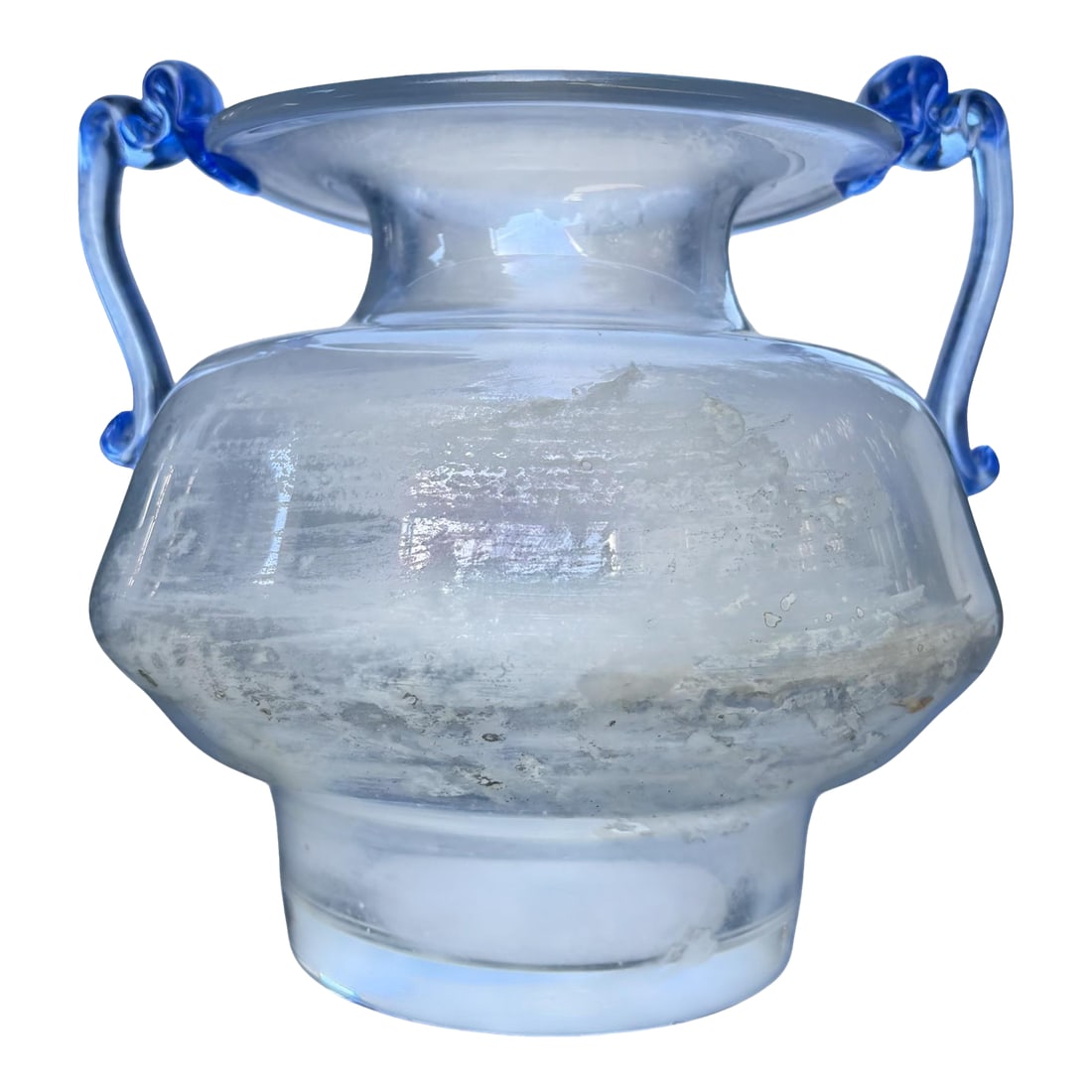 Murano Scavo Glass Amphora Vase With Cobalt Blue Handles: Hand-blown Murano art glass vase featuring a classic amphora form with applied cobalt blue scroll handles. The surface exhibits a scavo-style textured finish layered over an iridescent opaline ground,