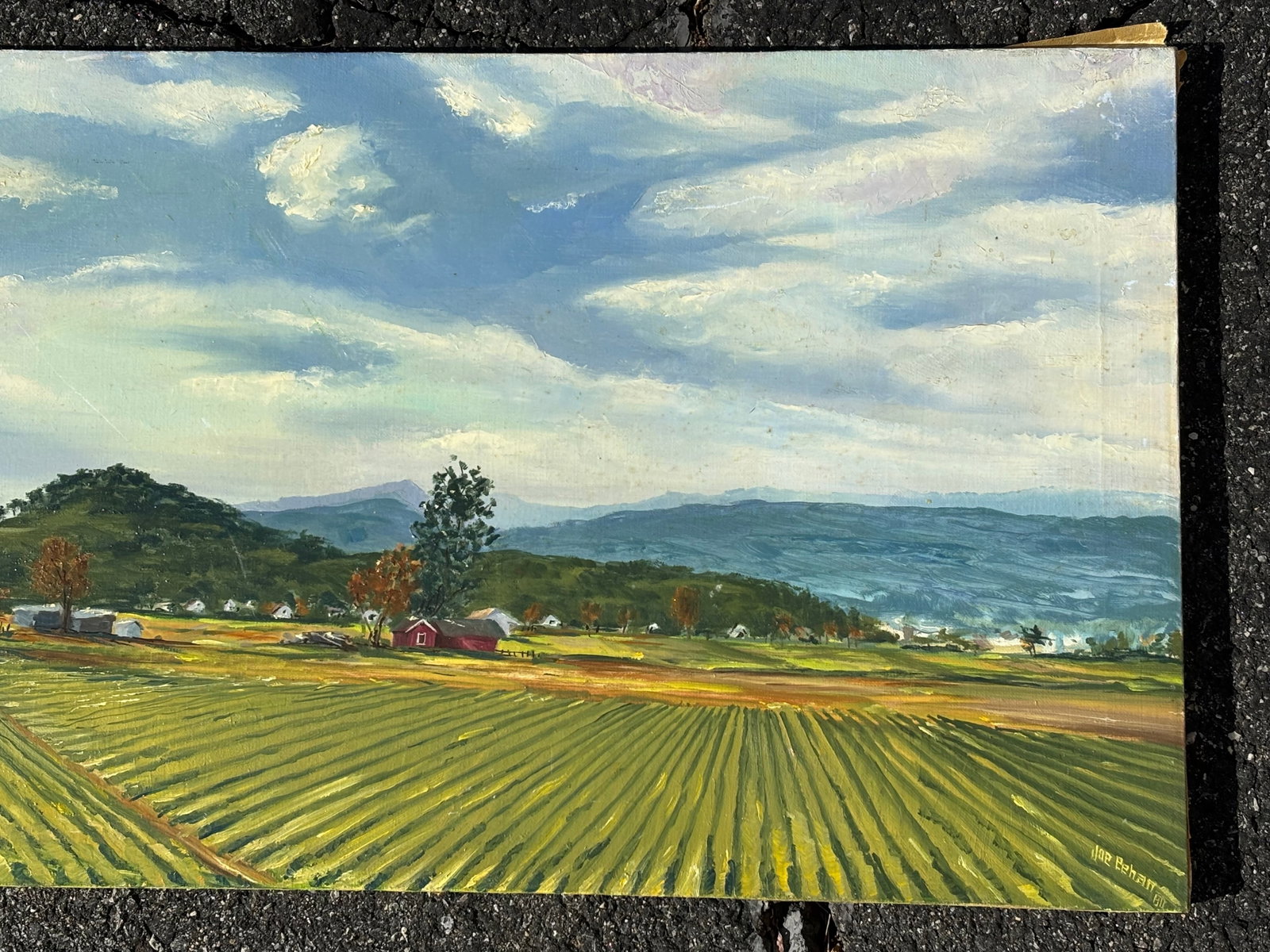 Mid 20th C. Original Oil on Canvas - Large, Long Agrarian Landscape - 11