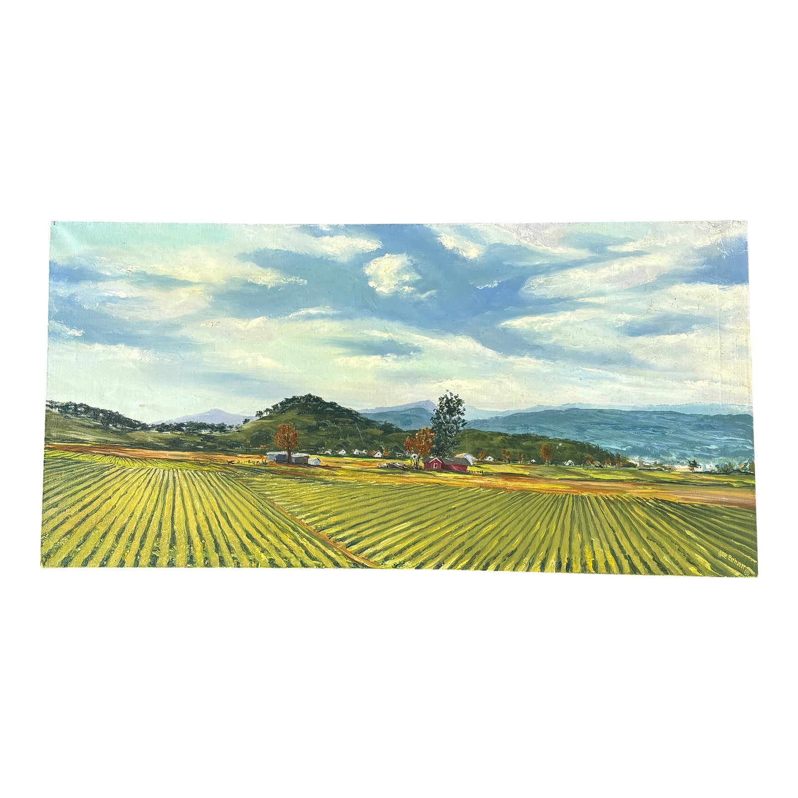 Mid 20th C. Original Oil on Canvas - Large, Long Agrarian Landscape: Mid 20th C. Original Oil on Canvas American Farm / Agricultural Horizon Scene - a wonderful tribute to someone proud family farm. Huge sky, long fields, vernacular barn and farmhouse buildings -