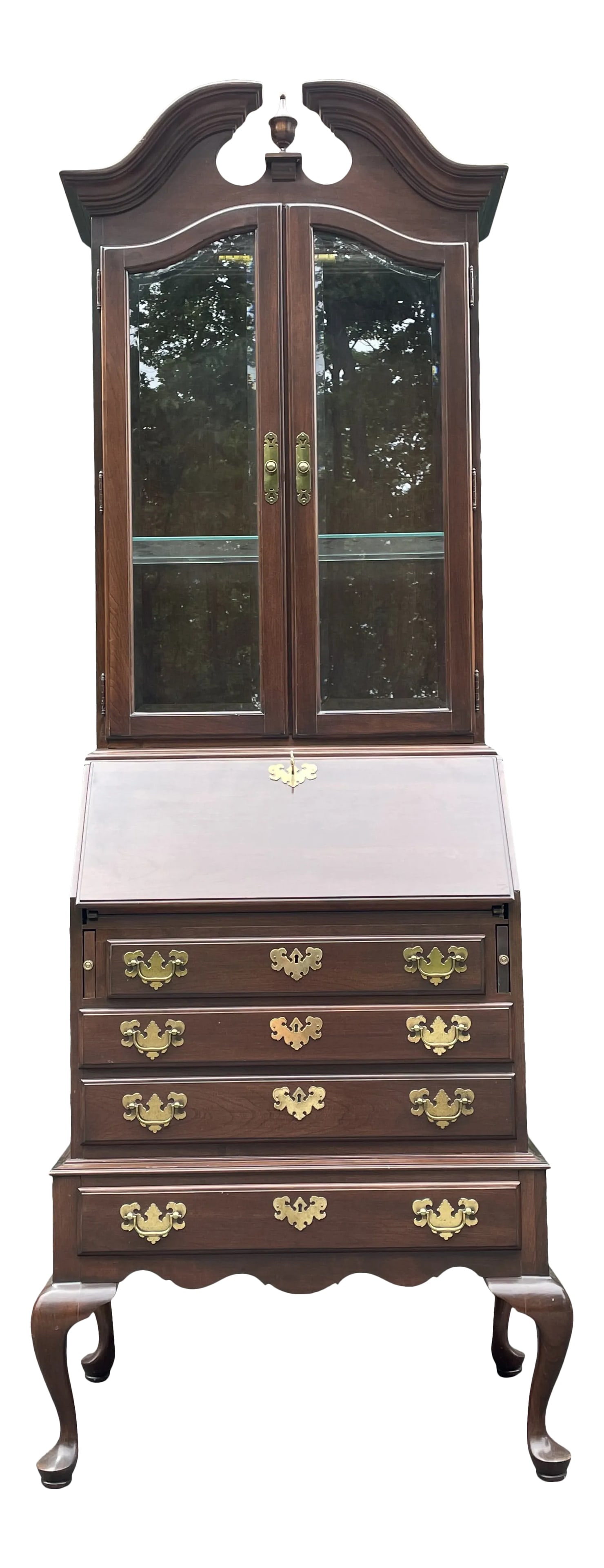 Ethan Allen Georgian Court Secretary Desk: A solid cherry two piece secretary desk bookcase with dovetailed drawers and cabriole legs by Ethan Allen Georgian Court. Desk height when dropped down is 31.25" Condition: Alterations: Original