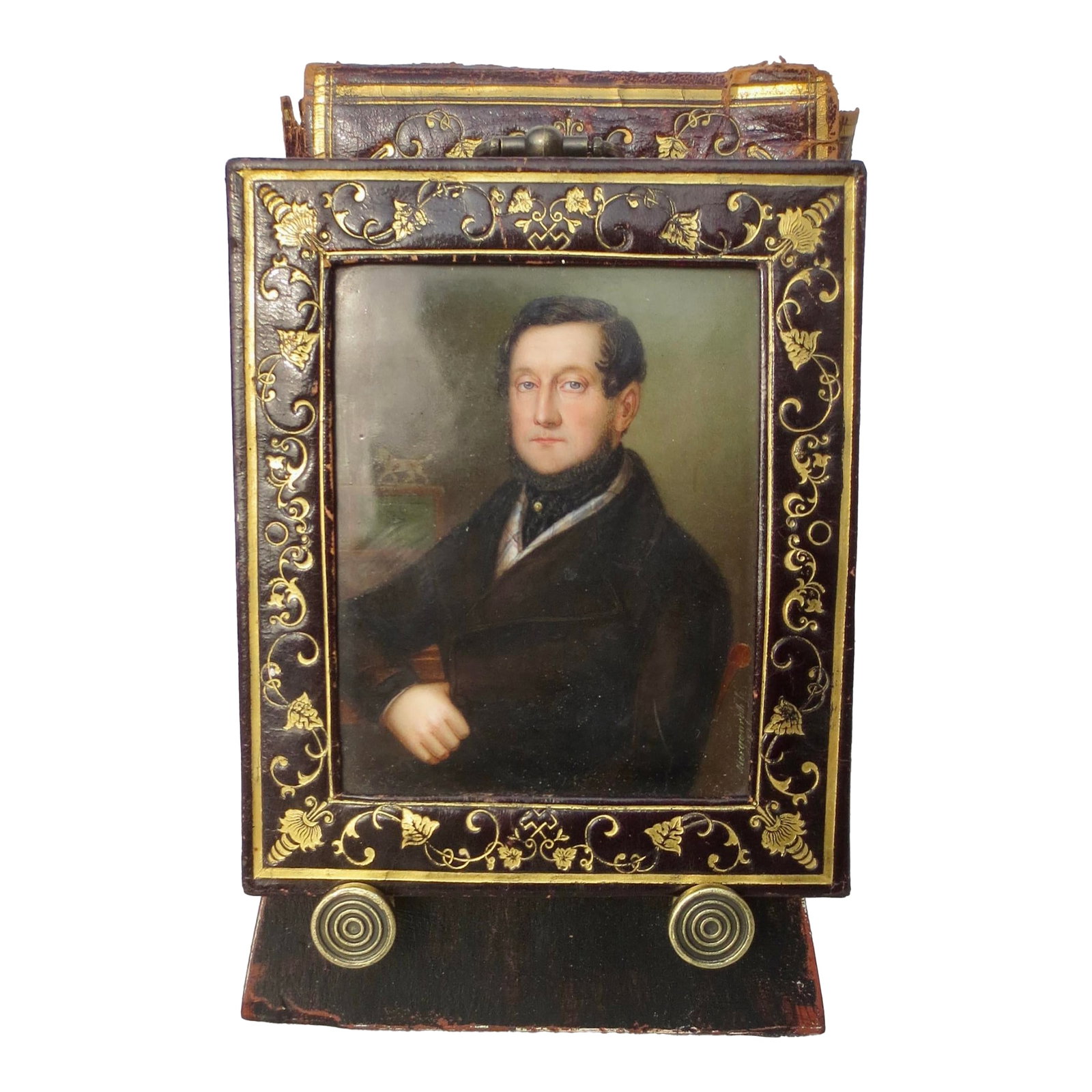 Johann Martin Morgenroth Porcelain Portrait 1847: Johann Martin Morgenroth's painting on porcelain, dated by a handwritten dedication in its wallet, 1847. Also a handwritten dedication of May A von Hoefe. Handwritten note Made in Germany, 1847. The