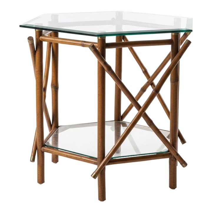 1970s Palm Beach Regency Two-Tier Bamboo & Glass Octagonal Side Table - McGuire Style: Turning the Past into Stunning Decor for Today. Effortlessly chic and rich with organic luxury, this Turtle and Crane find is a vintage two-tier octagonal side table that embodies the "bring the outdo