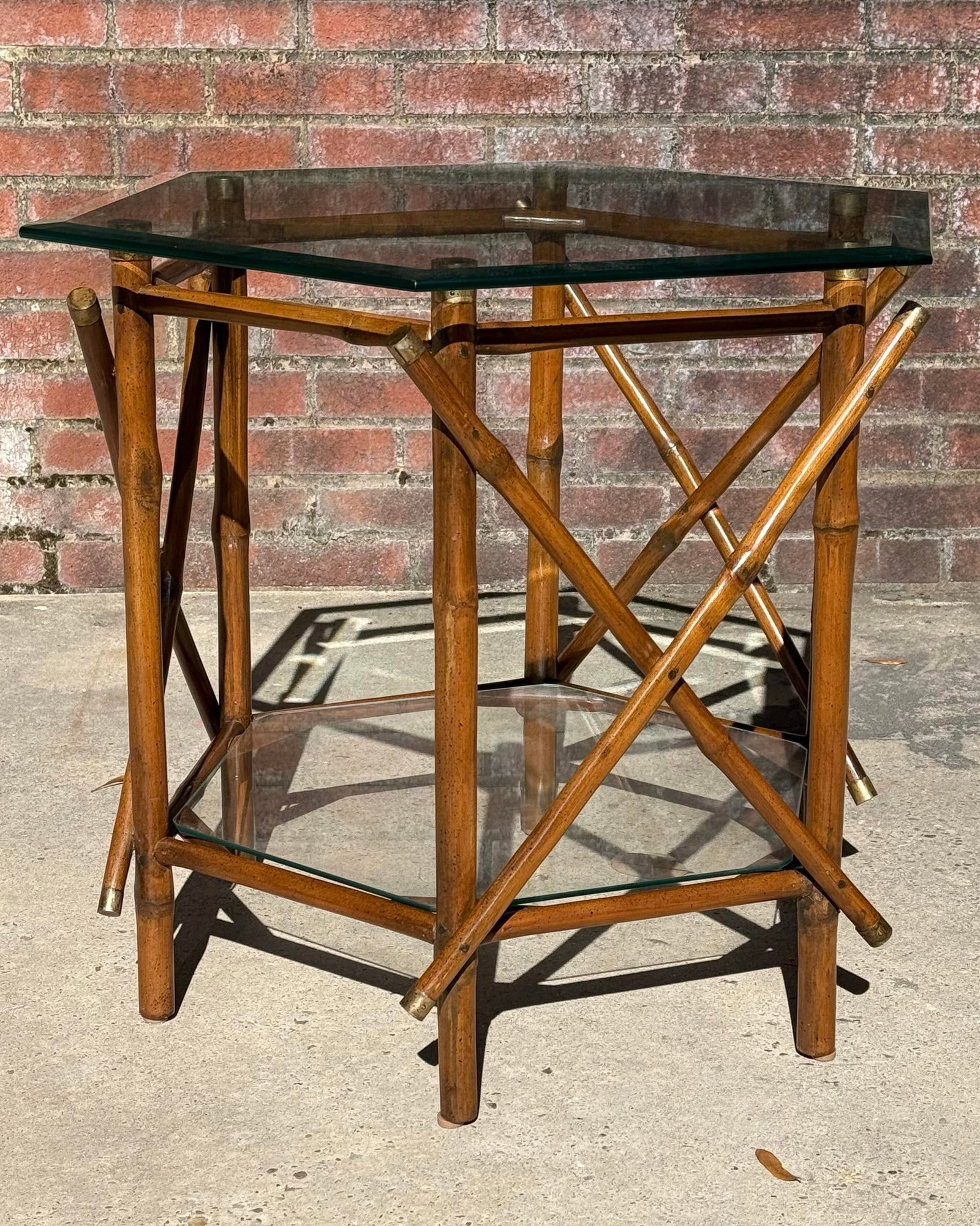1970s Palm Beach Regency Two-Tier Bamboo & Glass Octagonal Side Table - McGuire Style - 2