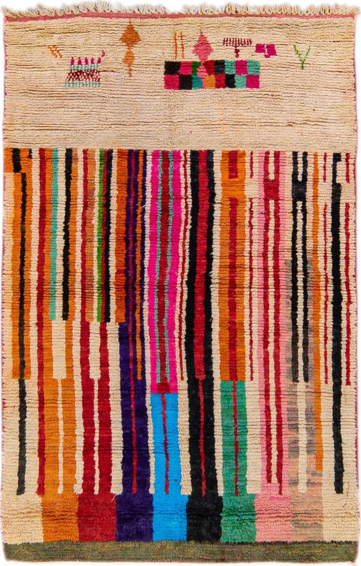 Vintage Beni Ourain Moroccan Handmade Multicolor Designed Beige Wool Rug - 12