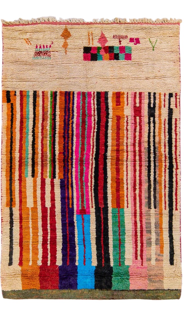 Vintage Beni Ourain Moroccan Handmade Multicolor Designed Beige Wool Rug: Beautiful vintage Beni Ourain Moroccan hand-knotted wool rug. This full-of-art Moroccan rug has a multi-color accents layout in a gorgeous Expressionist abstract pattern design. This rug measures: 5'8