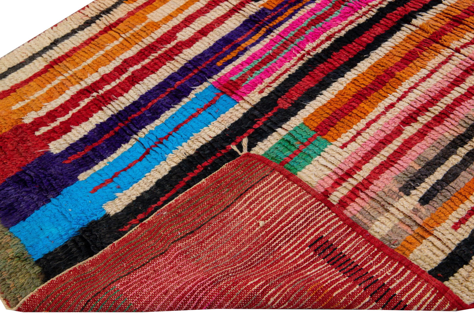 Vintage Beni Ourain Moroccan Handmade Multicolor Designed Beige Wool Rug - 2