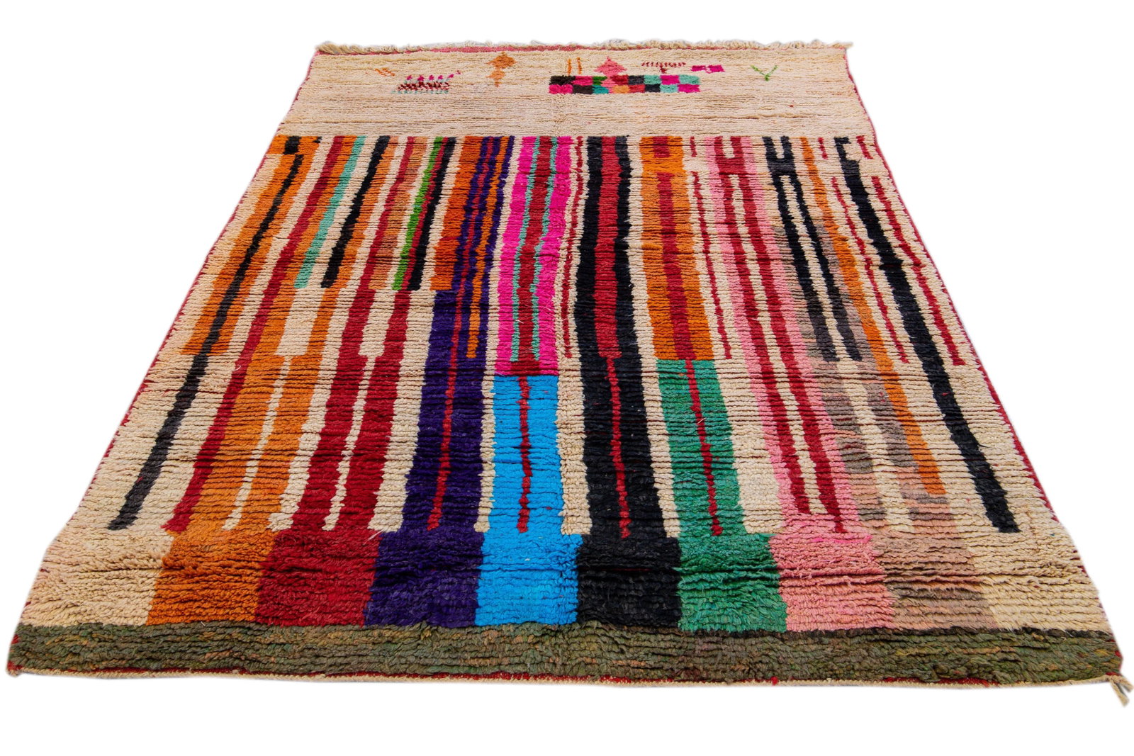 Vintage Beni Ourain Moroccan Handmade Multicolor Designed Beige Wool Rug - 3
