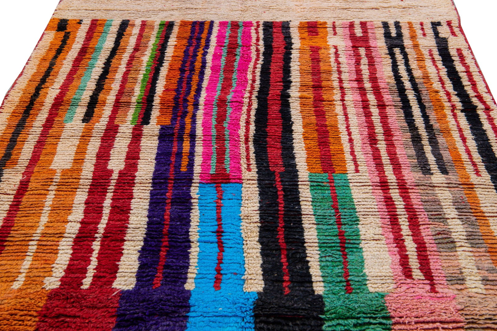 Vintage Beni Ourain Moroccan Handmade Multicolor Designed Beige Wool Rug - 4