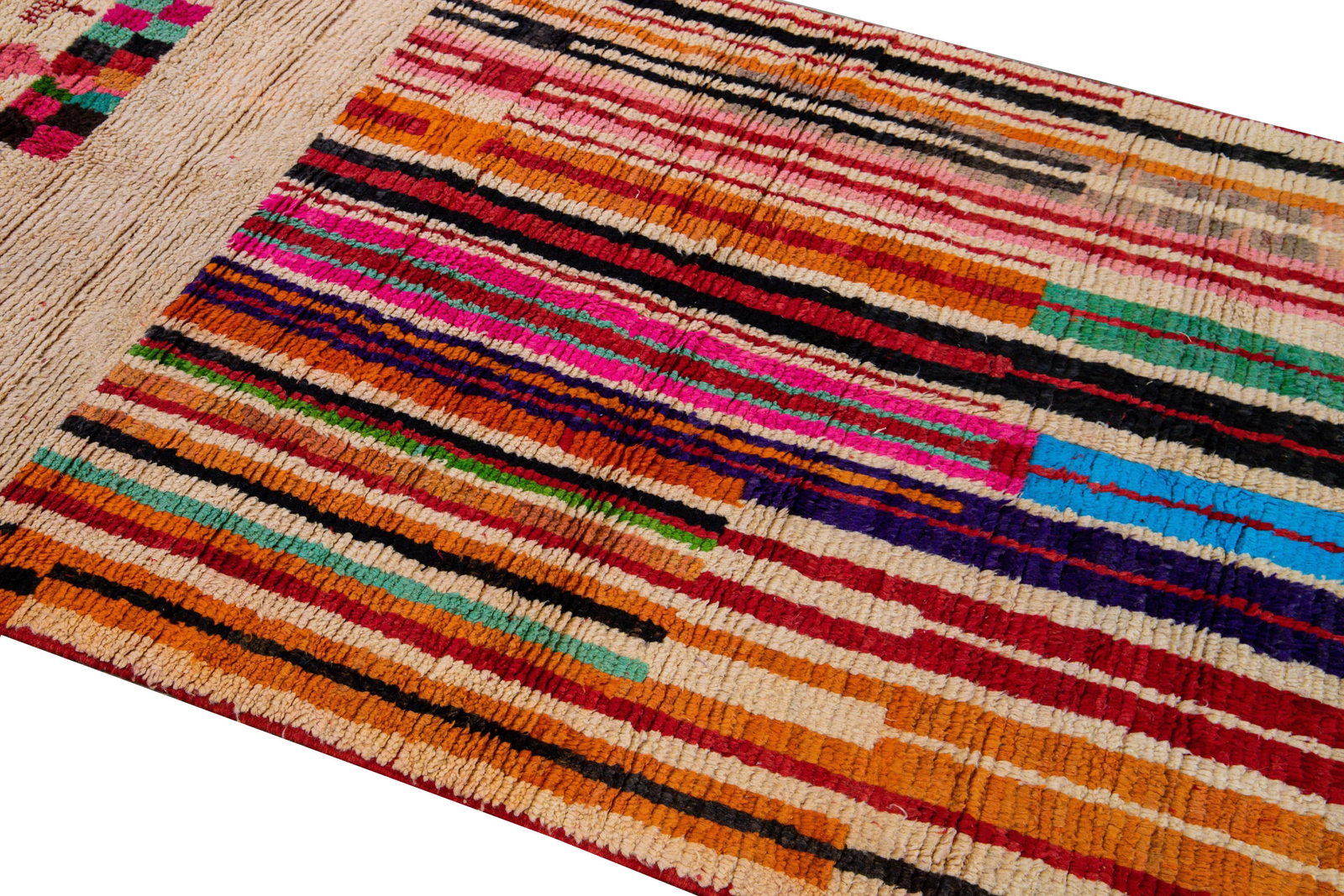 Vintage Beni Ourain Moroccan Handmade Multicolor Designed Beige Wool Rug - 8