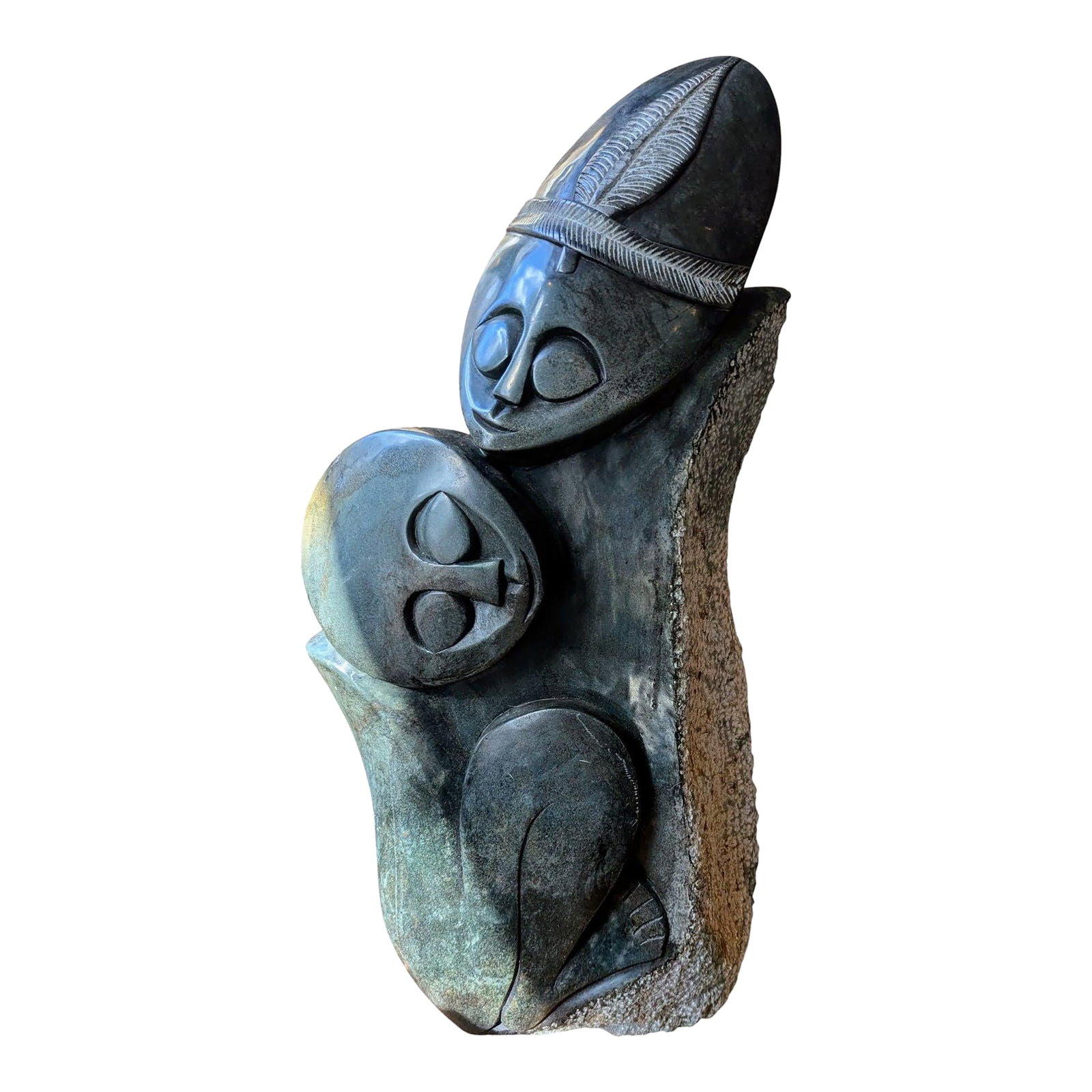 African Mother and Child Stone Sculpture: This exquisite African carved Shona stone has several shades of color from steel gray to copper green to bronze to gold to slate blue to light gray,. I swear I could see all of those shades in differe