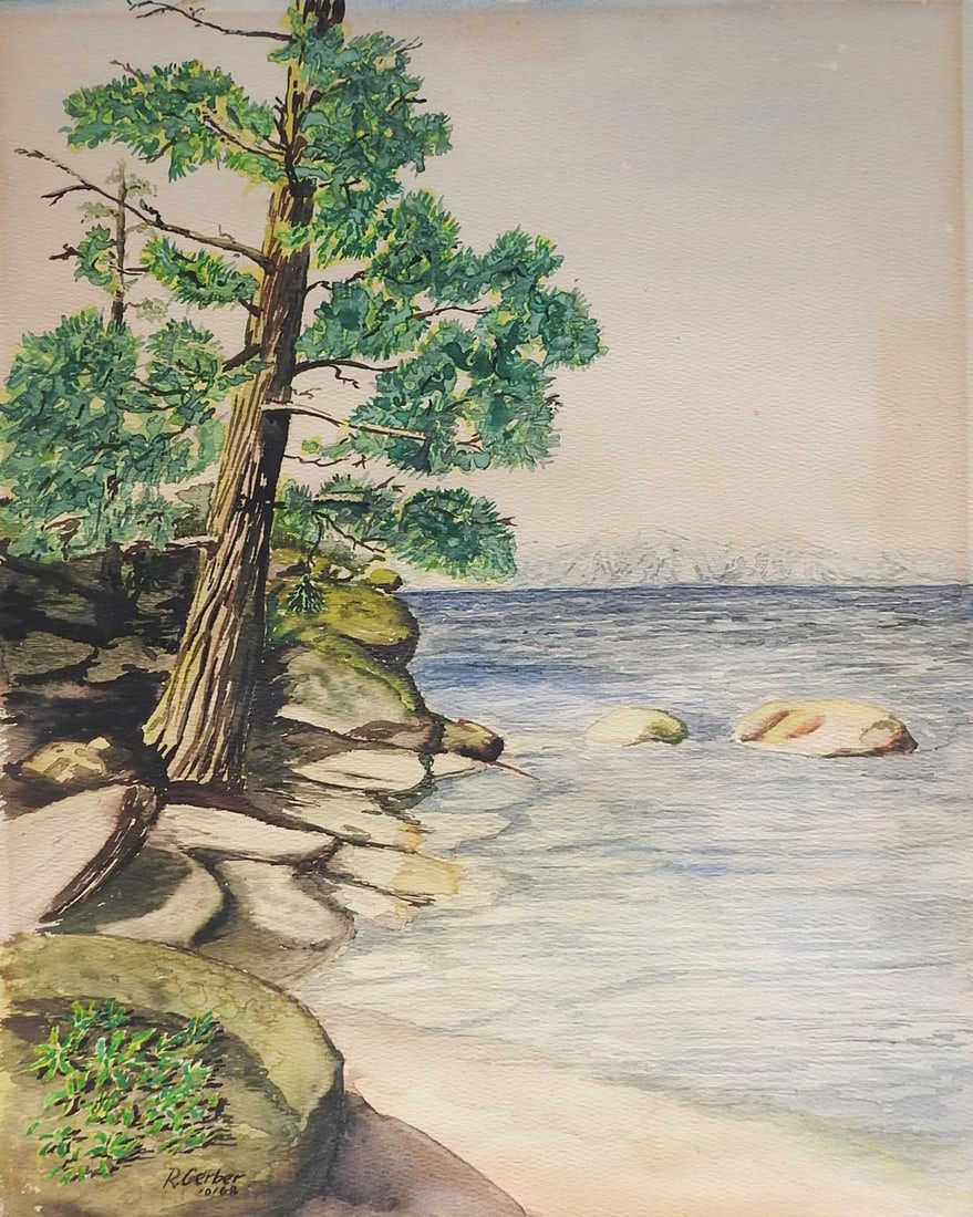 Vintage Mid Century Rocky Seashore Watercolor Painting: Vintage mid century watercolor on paper rocky sea coast painting. Signed R. Gerber lower left corner. Unframed, age toning, adhesive remains on verso. Condition: Alterations: Original Condition Unalte
