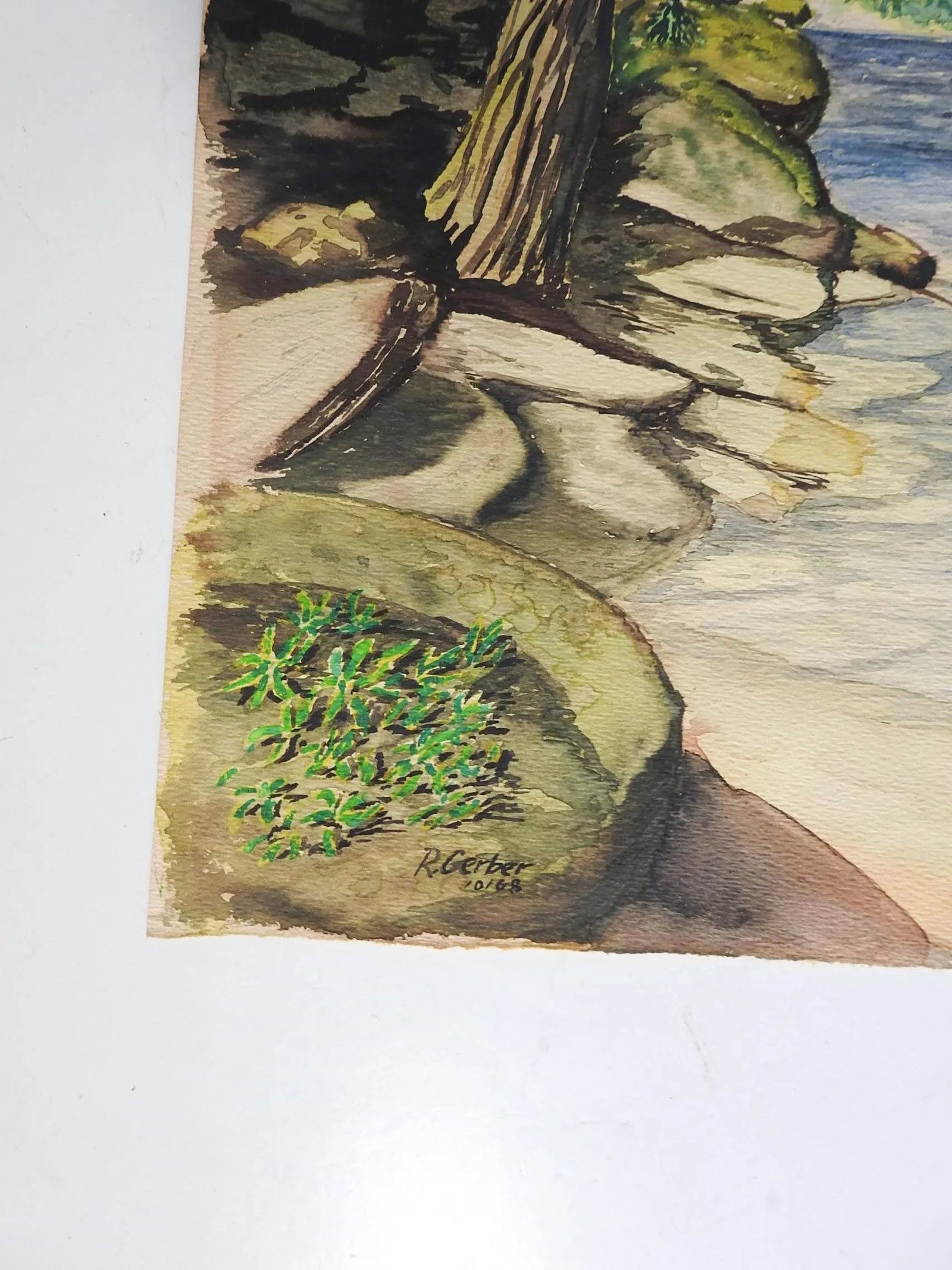 Vintage Mid Century Rocky Seashore Watercolor Painting - 2