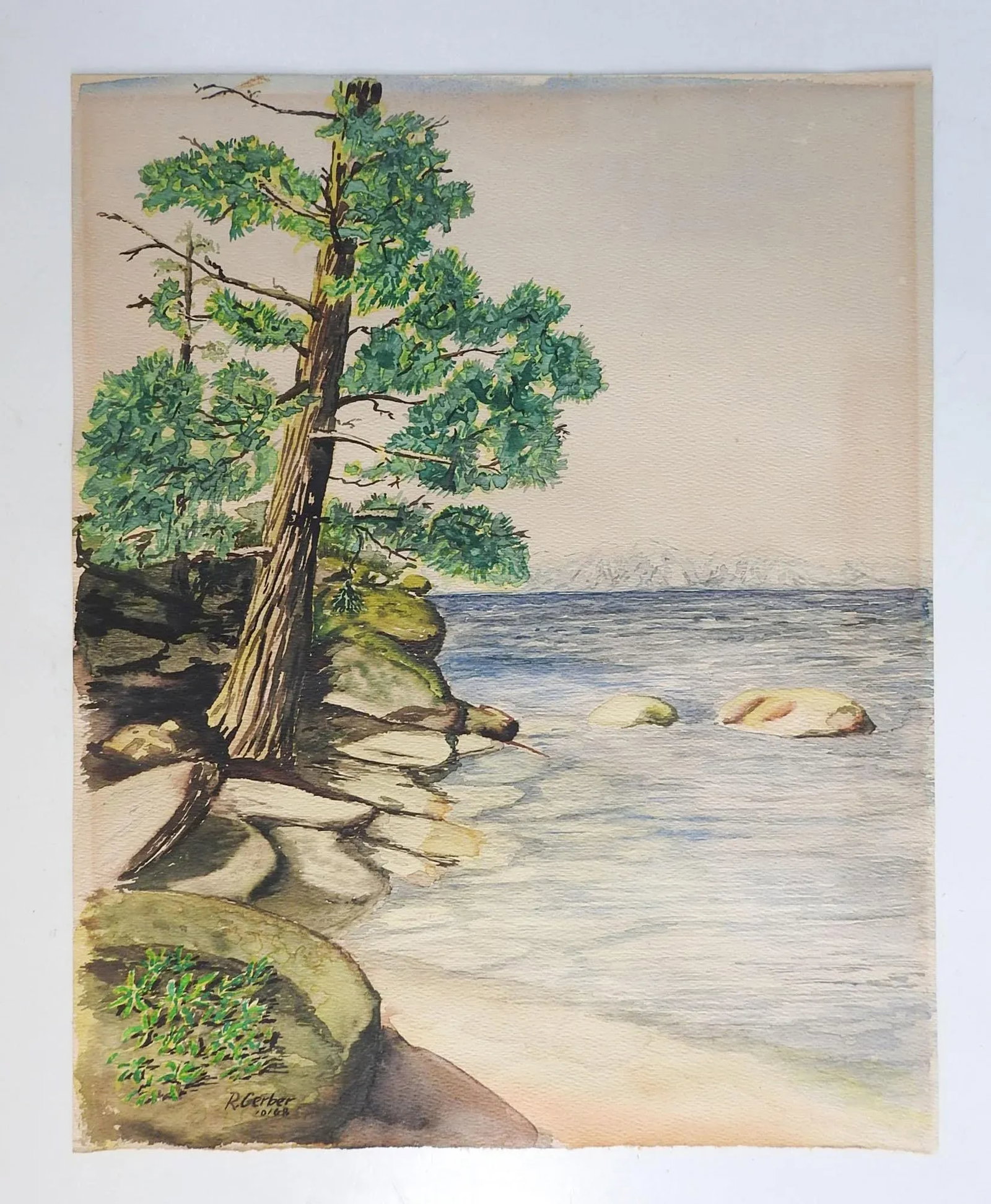Vintage Mid Century Rocky Seashore Watercolor Painting - 3