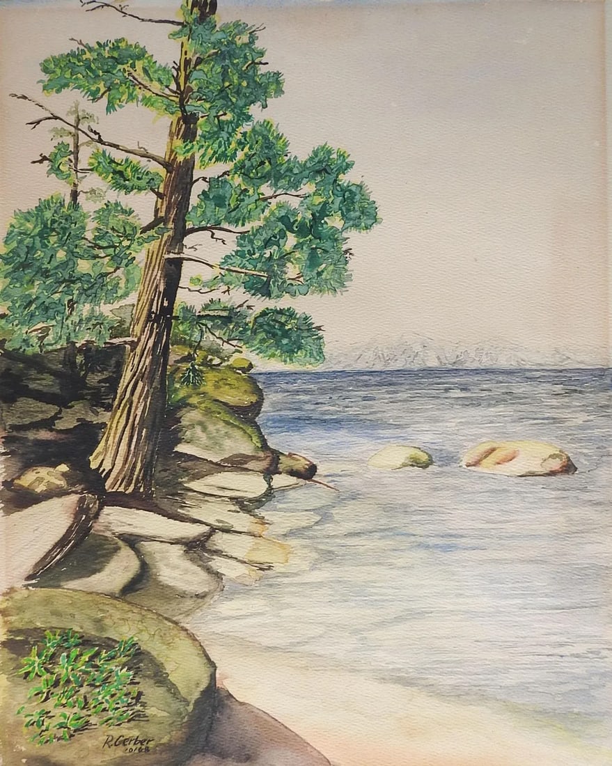 Vintage Mid Century Rocky Seashore Watercolor Painting - 4