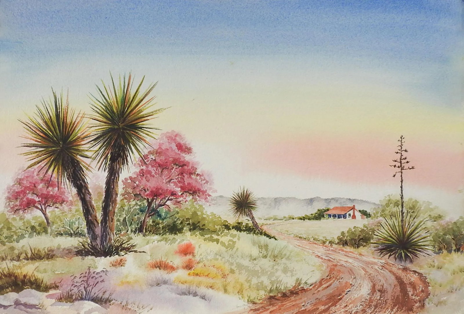 Vintage Mountain Desert Ranch Landscape Watercolor Painting: Vintage watercolor on paper painting of ranch house with yucca plants and pink flowering trees. Unsigned. Unframed, age toning. Condition: Alterations: Original Condition Unaltered Imperfections: Some
