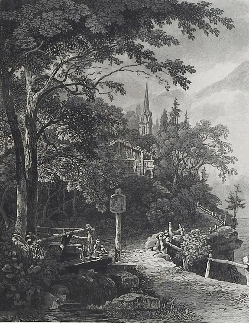 Antique Friedrich Salathe Pastoral Aquatint: Antique circa 1913 aquatint on heavy paper by Fredrich Salathe (19th century) Switzerland. . Pastoral scene with steeple and mountains. Estate stamp on verso dated 1913 No. 103. Unframed, overall foxi