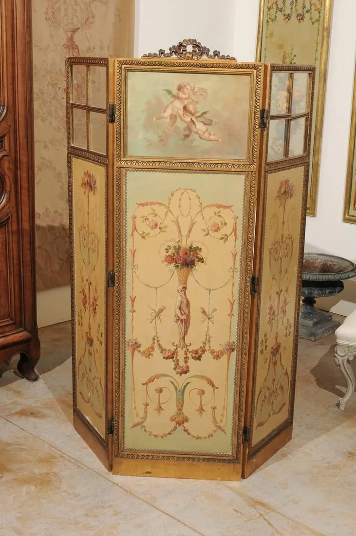 Mid 19th Century French Renaissance Revival Folding Three-Panel Screen with Hand-Painted Motifs - 10