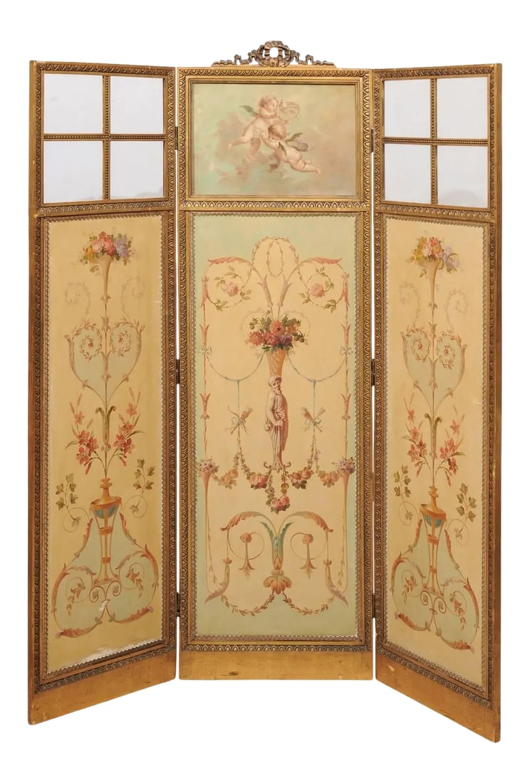 Mid 19th Century French Renaissance Revival Folding Three-Panel Screen with Hand-Painted Motifs: A French Renaissance Revival folding three-panel screen with hand-painted Grotesque motifs and inset glass from the 19th century. Reminding us of motifs that one would see on the ceiling of the Uffizi