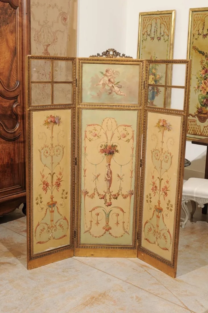 Mid 19th Century French Renaissance Revival Folding Three-Panel Screen with Hand-Painted Motifs - 2
