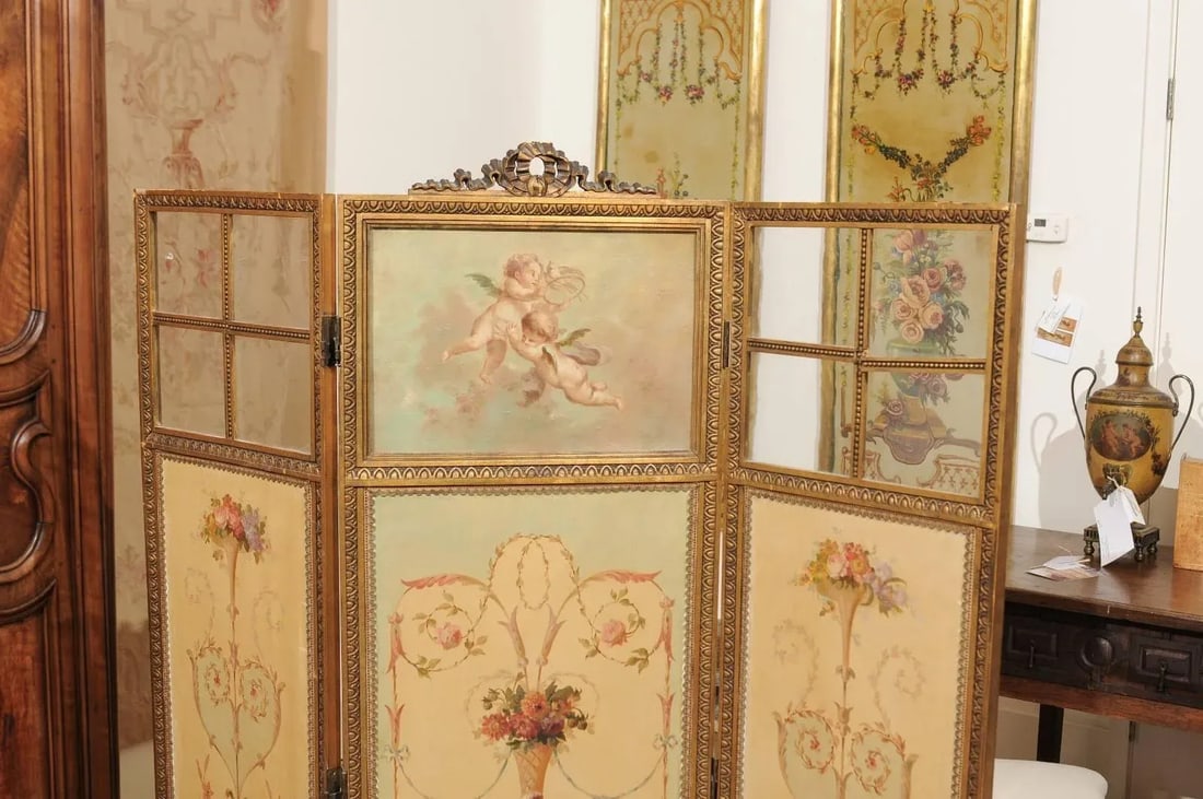 Mid 19th Century French Renaissance Revival Folding Three-Panel Screen with Hand-Painted Motifs - 6