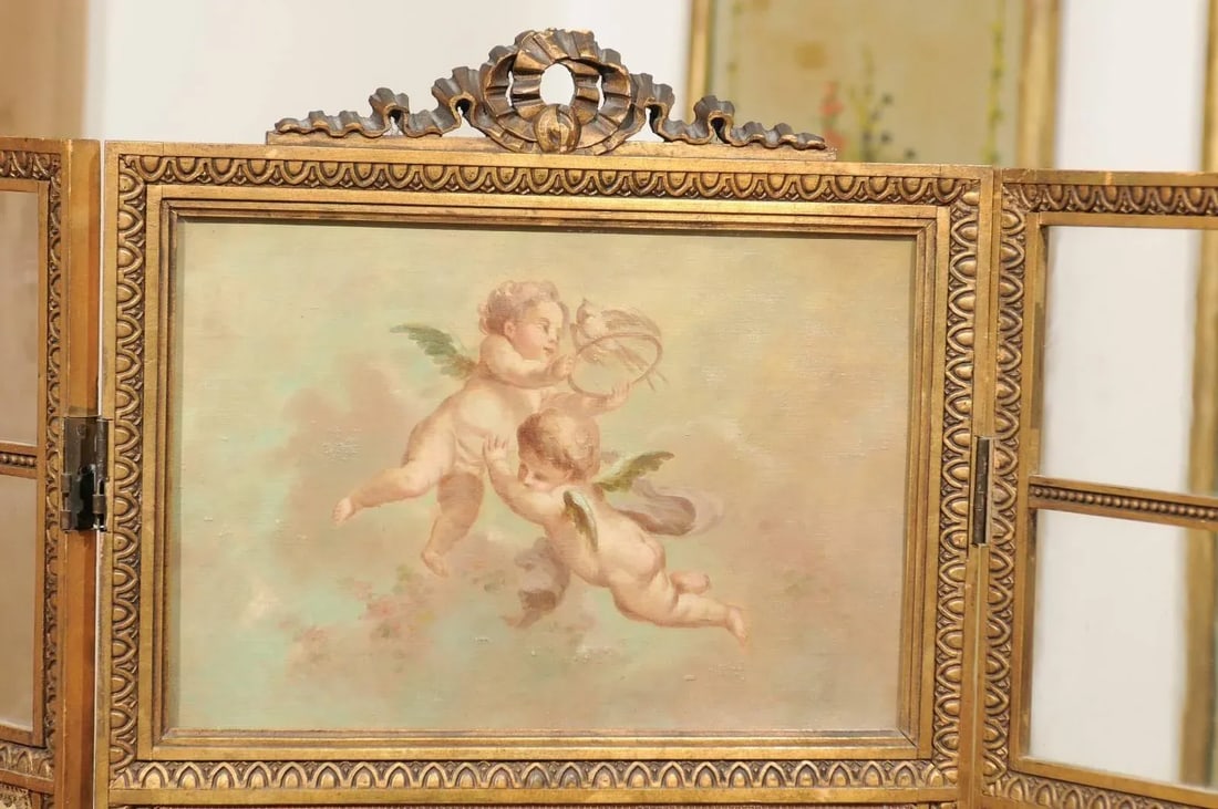 Mid 19th Century French Renaissance Revival Folding Three-Panel Screen with Hand-Painted Motifs - 7