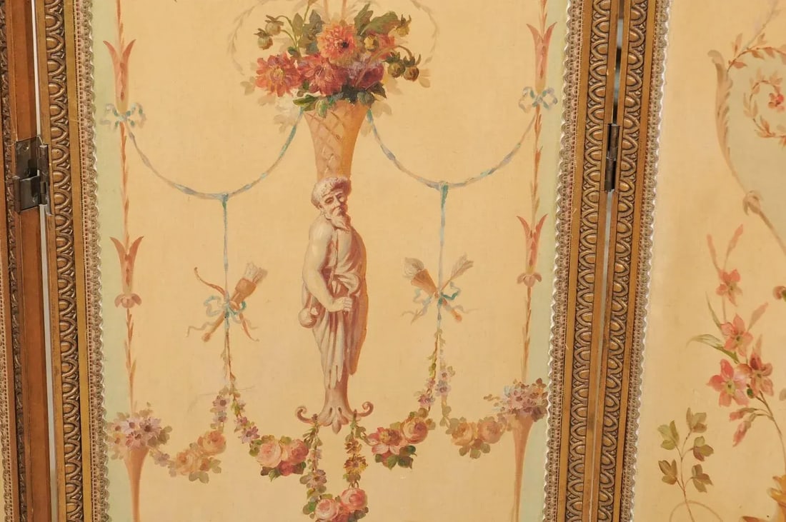 Mid 19th Century French Renaissance Revival Folding Three-Panel Screen with Hand-Painted Motifs - 8