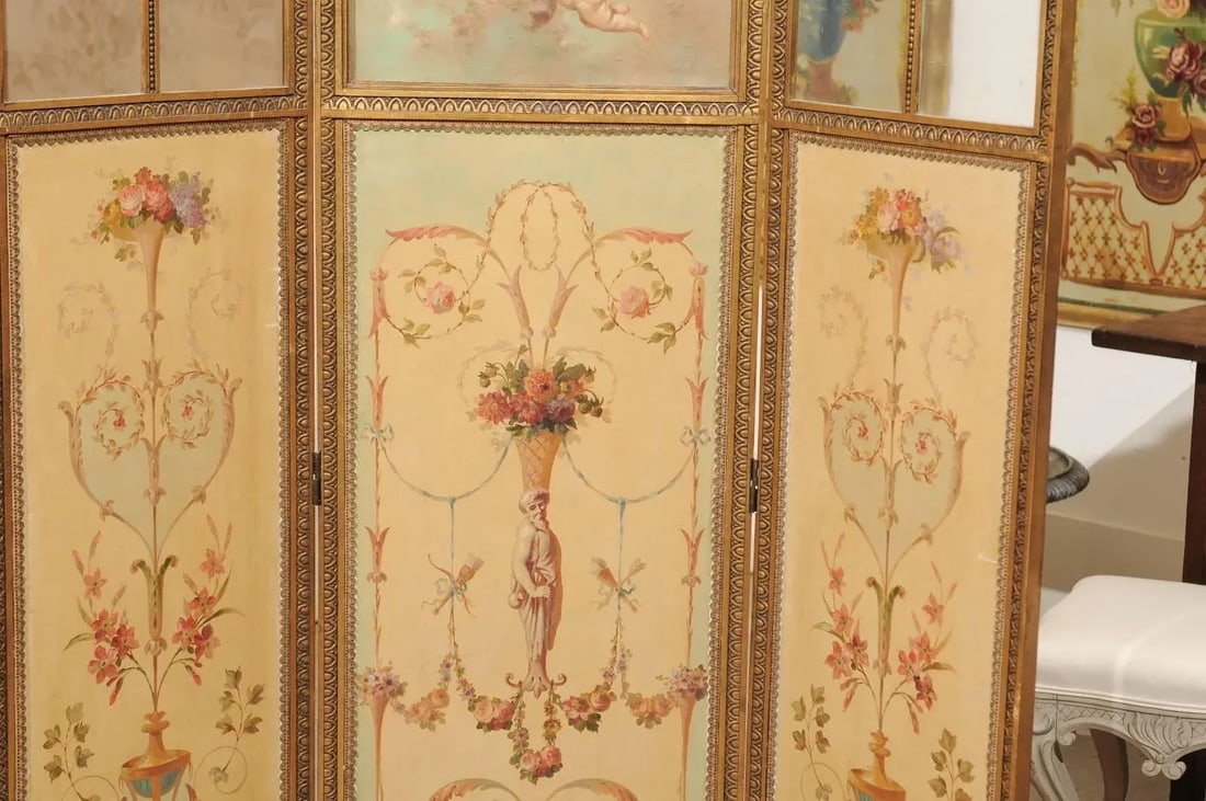 Mid 19th Century French Renaissance Revival Folding Three-Panel Screen with Hand-Painted Motifs - 9