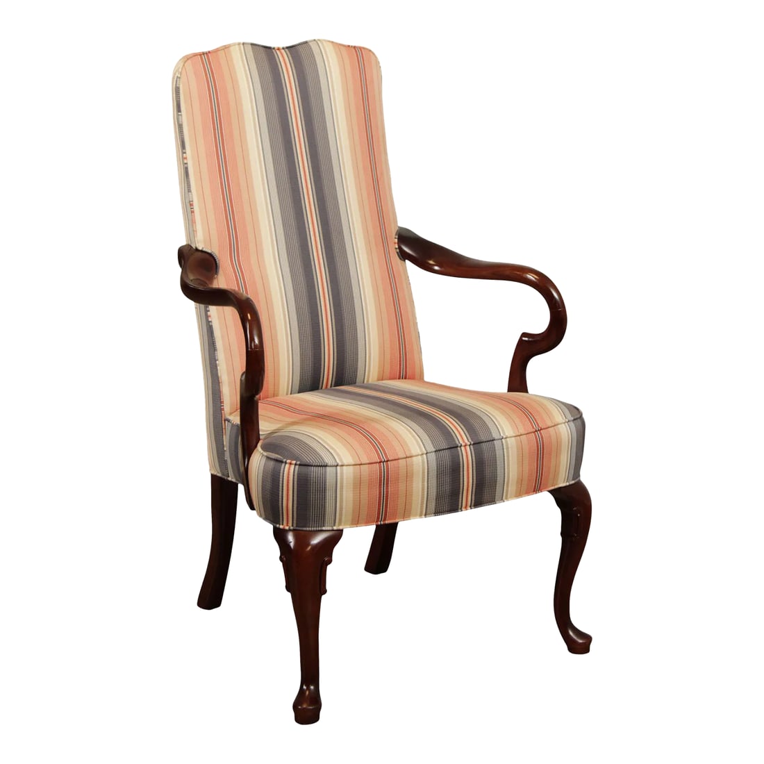 Hancock & Moore Queen Anne Style Mahogany Armchair: High Quality American Made Solid Mahogany Frame Armchair with Striped Upholstery Condition: Alterations: Original Condition Unaltered Imperfections: Some Imperfections Condition Notes: Clean Vintage
