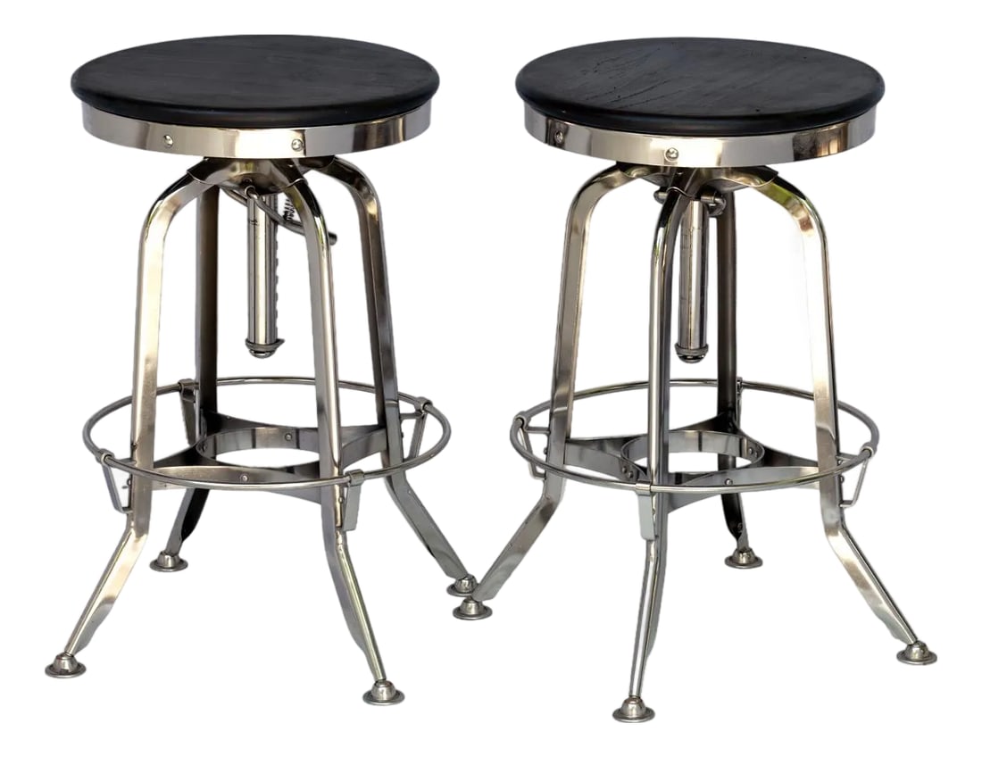 Vintage Rh Chrome & Wood Bar Stool, Pair: A Handsome Pair of Vintage Restoration Hardware Adjustable Stools. Made of Chrome with a Dark Wood Stained Seat. A Classic Industrial style. Condition: Alterations: Original Condition Unaltered Imperf