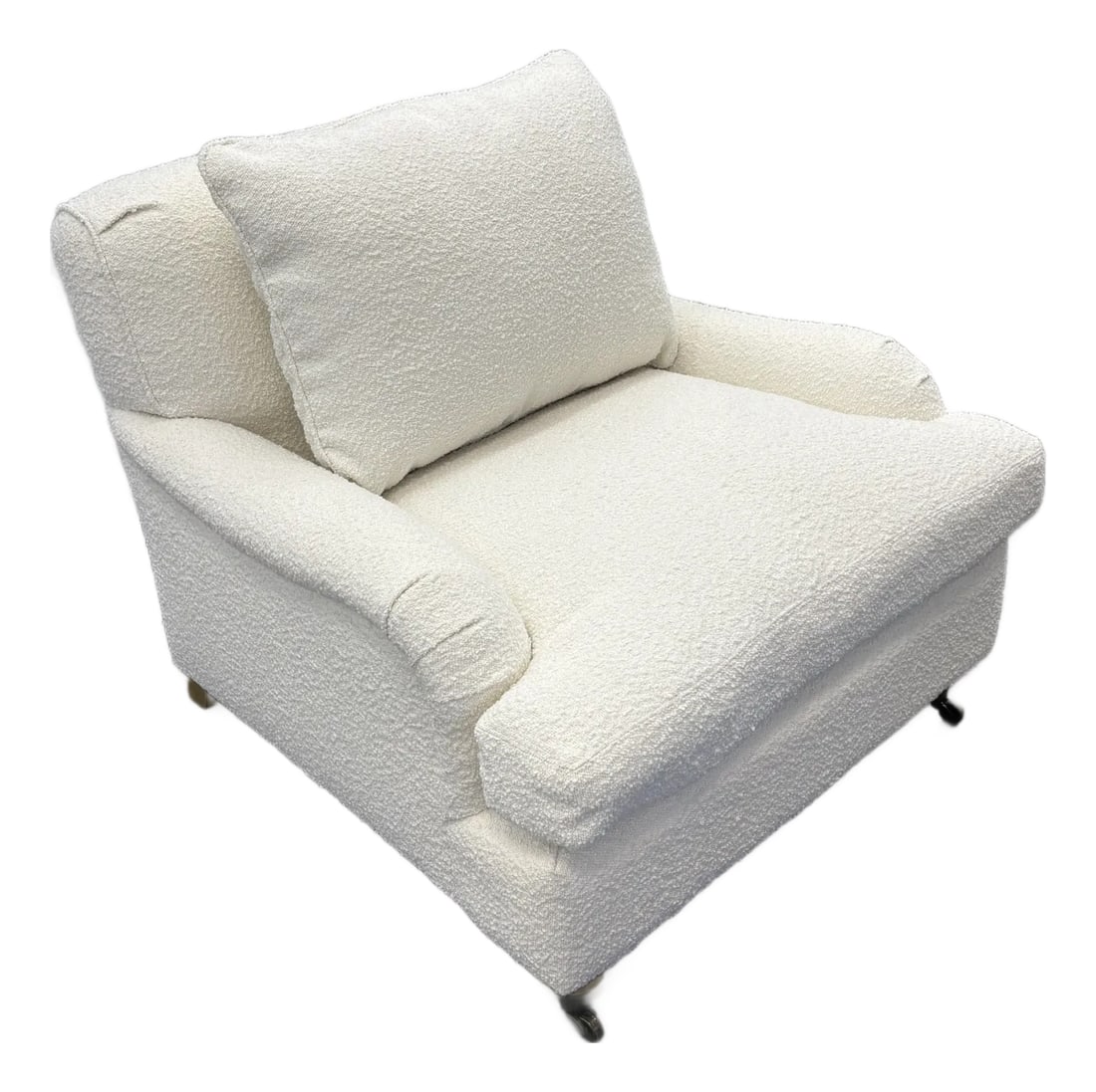 Rh English Classic Roll Arm Chair: RH English Classic Roll Arm Chair Performance Textured Boucle | Natural | Down-Feather Fill Very Lightly Preowned | Excellent Condition | Manufactured Late 2025 ------------ TIMELESS TRADITION,