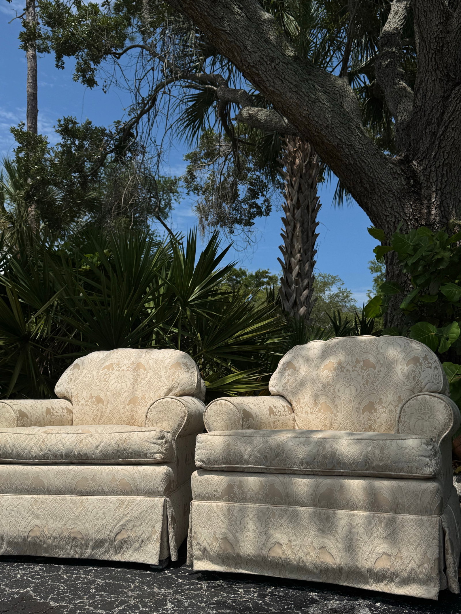 Pair of Vintage Ethan Allen White Damask Upholstered Accent Chairs - 2
