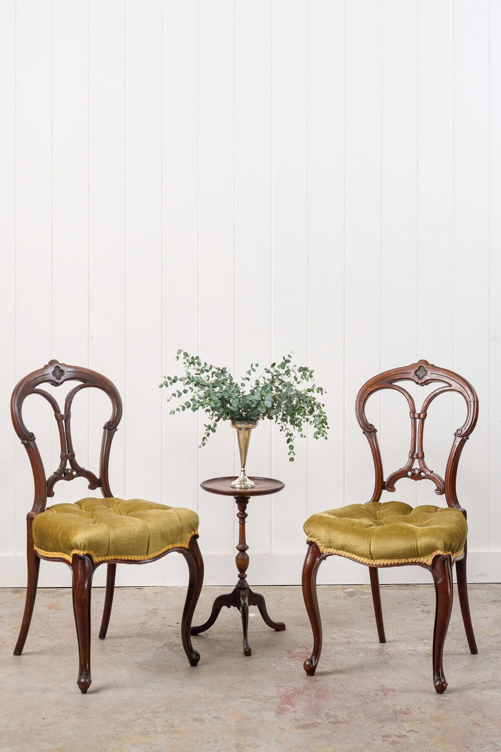 Pair of Antique Carved Chairs With Velvet Tufted Upholstered Seats - 2