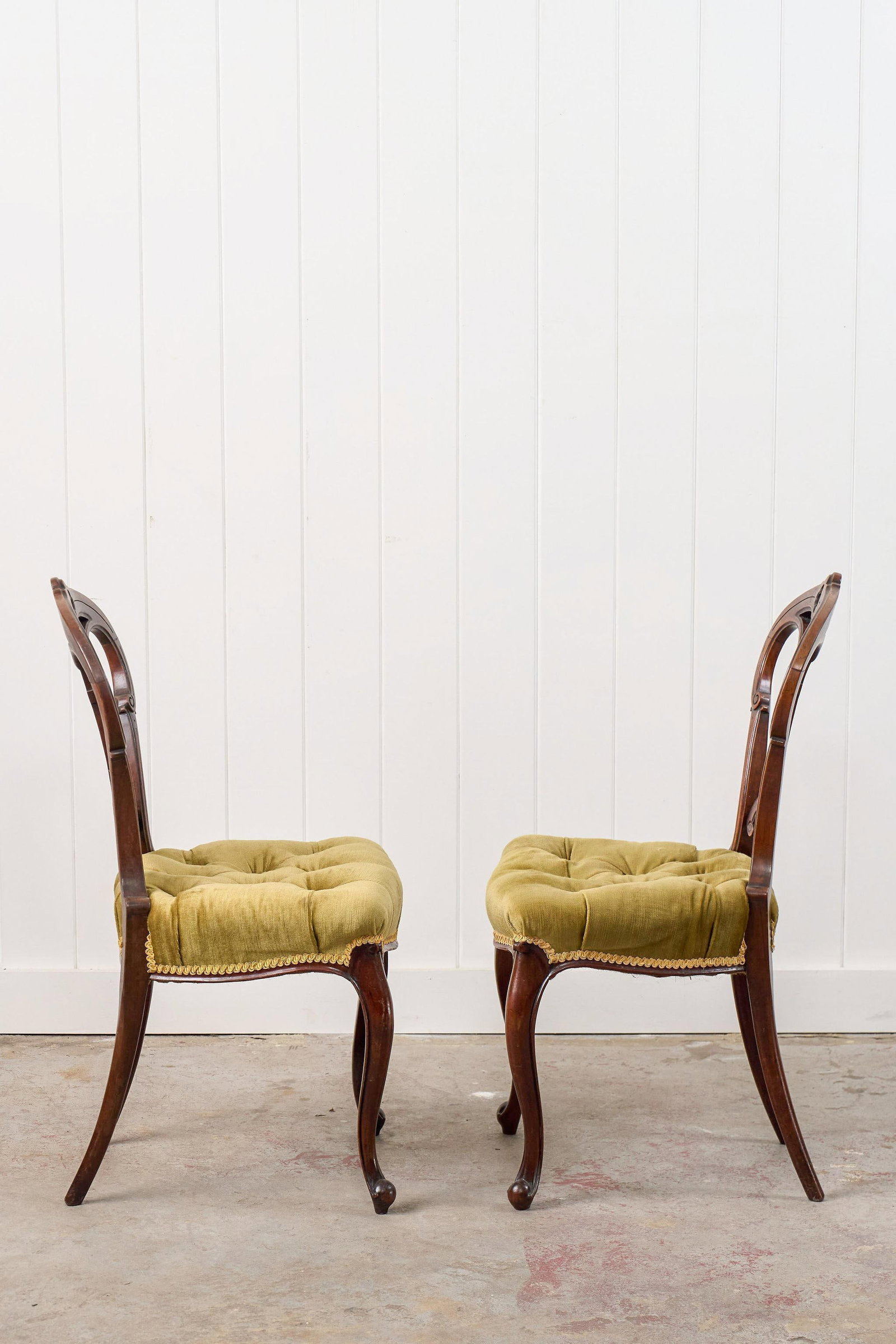 Pair of Antique Carved Chairs With Velvet Tufted Upholstered Seats - 4