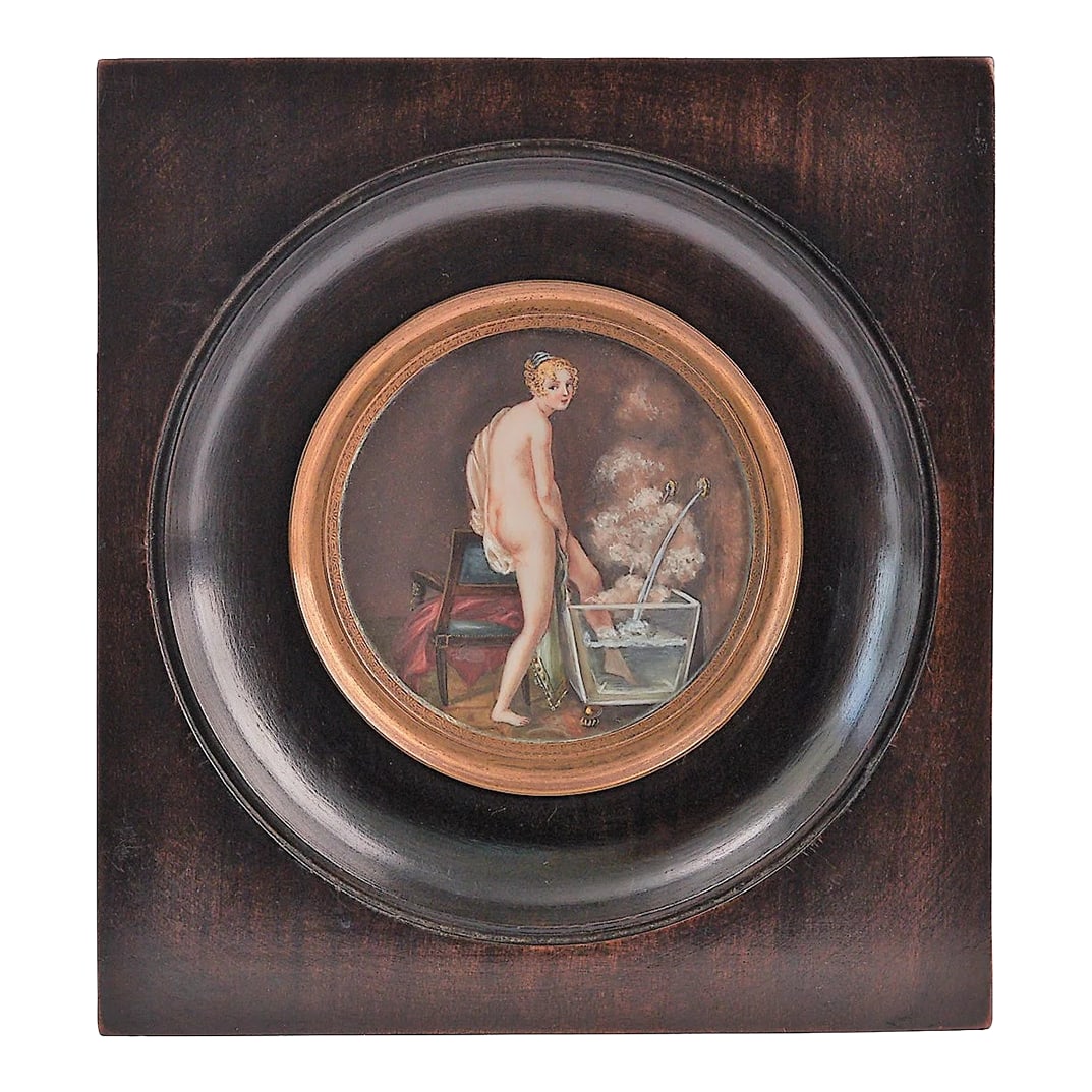 Le Bain, 19th-Century French Miniature Portrait, Rare and Exquisite Glimpse Into 1800s Private Lif: An extraordinary and intimate 19th-century French miniature, "Le Bain" captures a rare and evocative scene: a young woman in the act of entering a steaming glass bathtub, complete with twin faucets