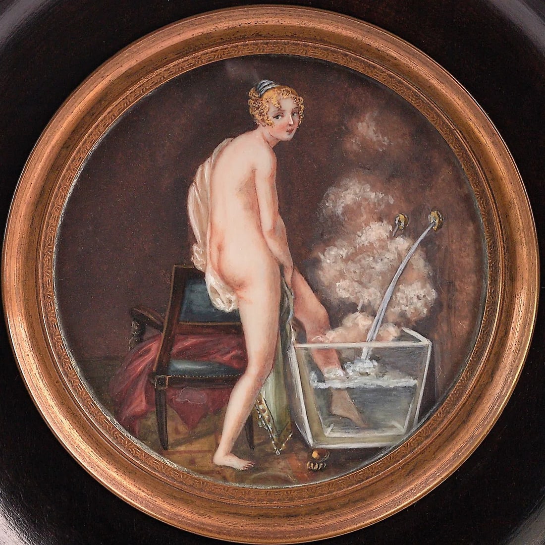Le Bain, 19th-Century French Miniature Portrait, Rare and Exquisite Glimpse Into 1800s Private Lif - 5