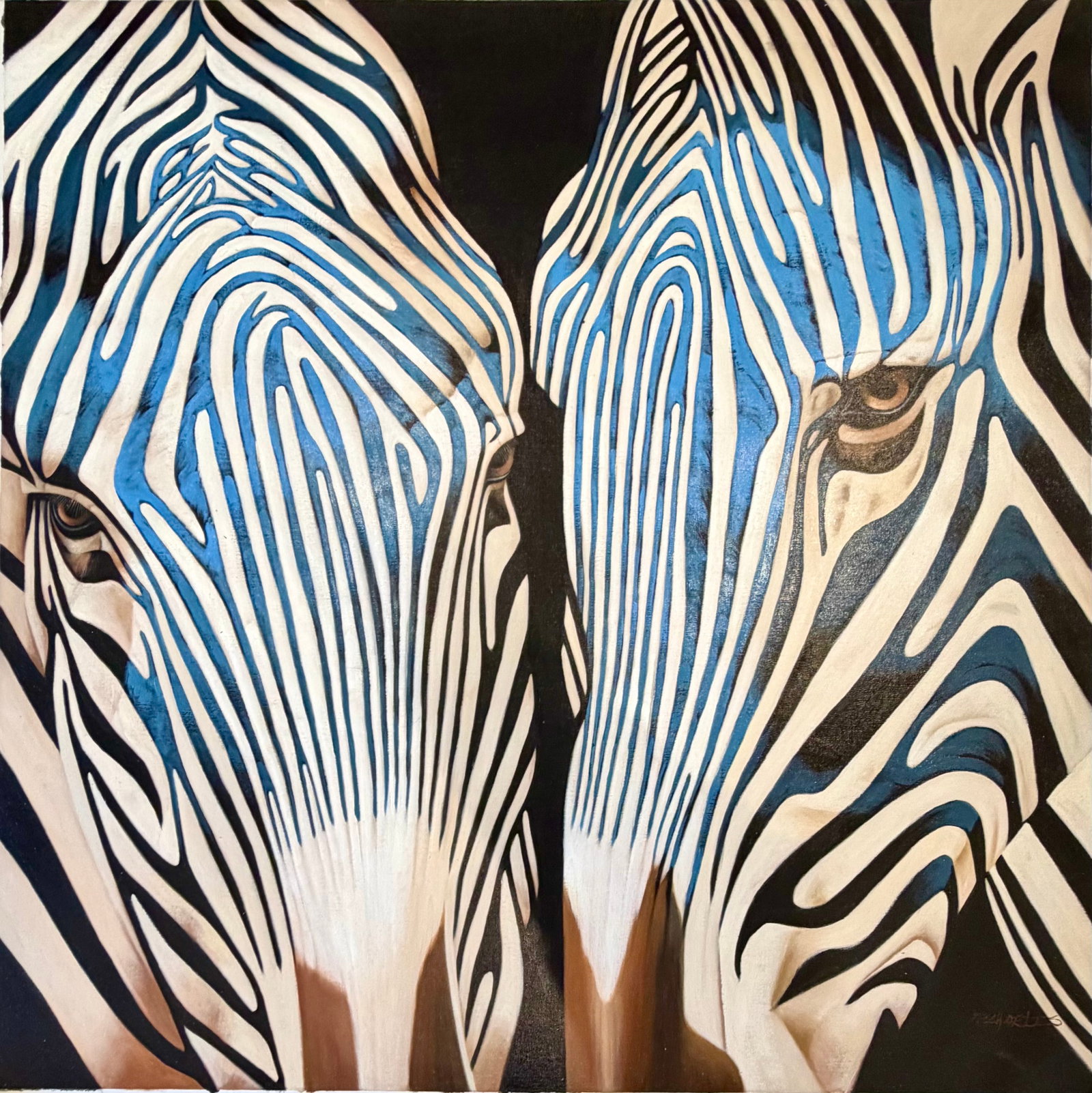 Contemporary Blue Zebra Double Portrait Painting - Original Oil on Unstretched Canvas, 40" X 40" - 2