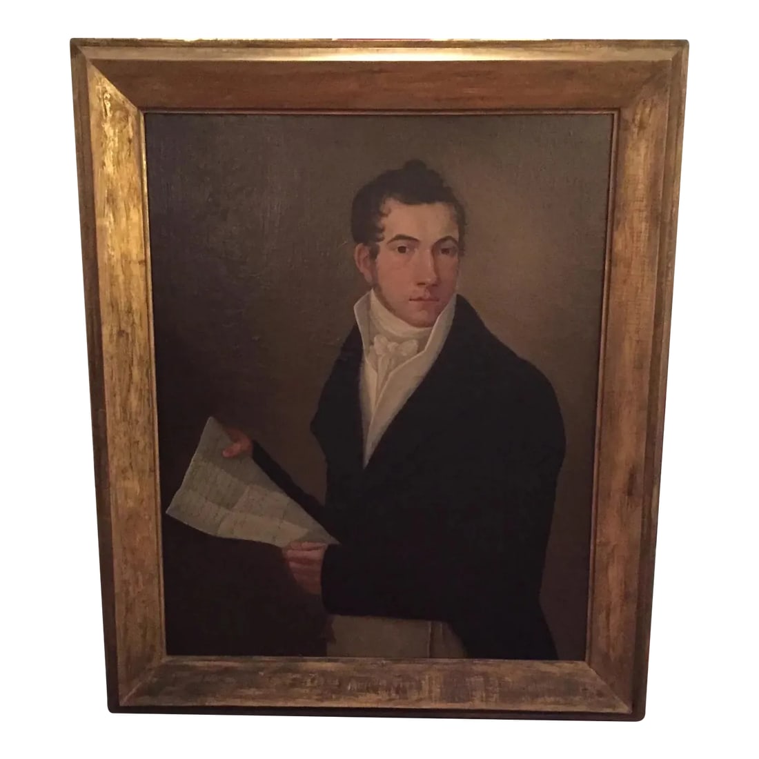 Early 19th Century New York State Portrait of a Man Holding a Letter Oil Painting on Canvas in Gilt: Early 19th c. New York portrait of a gentleman holding a letter in his outstretched hand in the manner of Ammi Phillips. The text of the letter comes from Oliver Goldsmith's (1730 - 1774) "Poems of