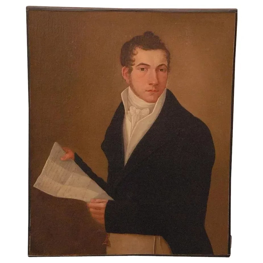 Early 19th Century New York State Portrait of a Man Holding a Letter Oil Painting on Canvas in Gilt - 2