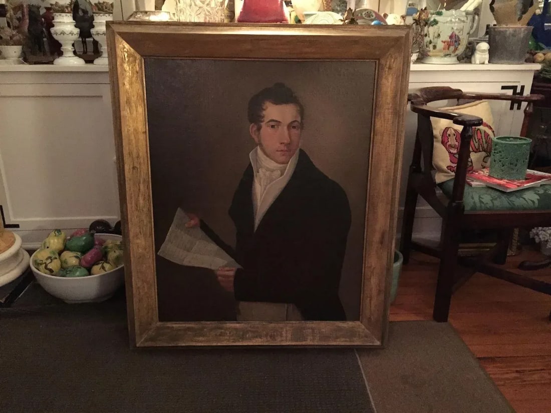Early 19th Century New York State Portrait of a Man Holding a Letter Oil Painting on Canvas in Gilt - 5
