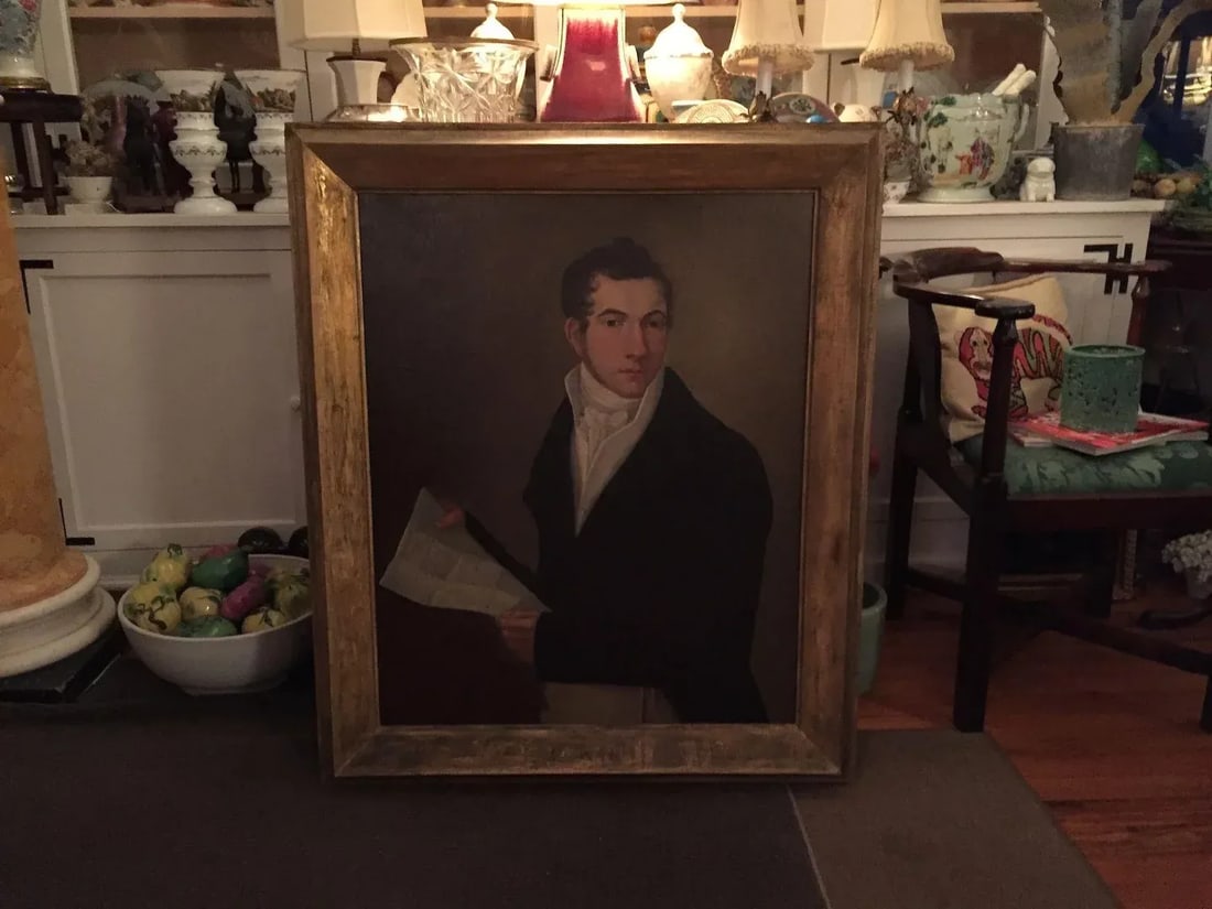 Early 19th Century New York State Portrait of a Man Holding a Letter Oil Painting on Canvas in Gilt - 6