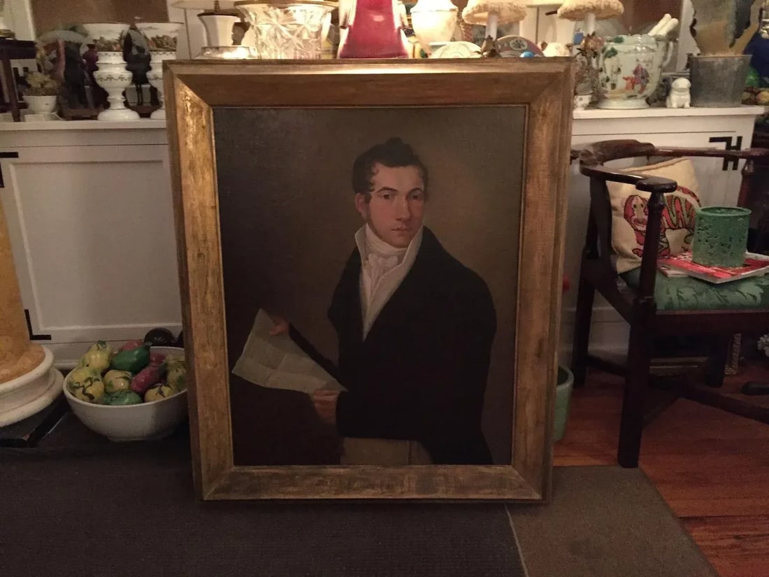 Early 19th Century New York State Portrait of a Man Holding a Letter Oil Painting on Canvas in Gilt - 7
