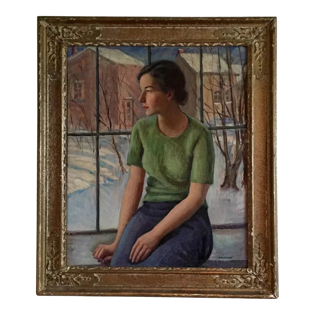 1930s Portrait of a Young Connecticut Woman & Winter Snow Scene Landscape Oil Painting by Harry Farl: 1930's pre-war portrait of a young woman seated before a winter landscape. Oil on canvas in original gilt wood frame. Measures 35" x 30" framed. Good condition. Harry Farlow (1882 - 1957) is an accomp