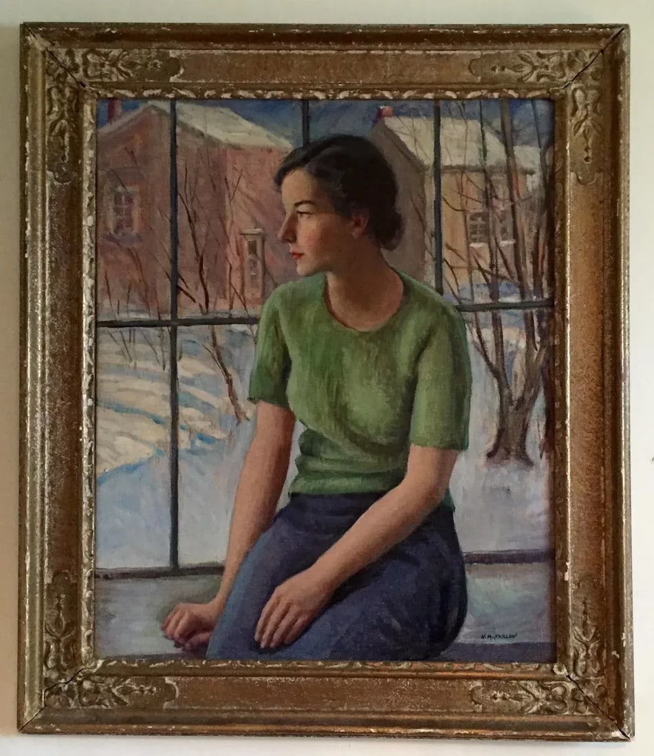 1930s Portrait of a Young Connecticut Woman & Winter Snow Scene Landscape Oil Painting by Harry Farl - 2