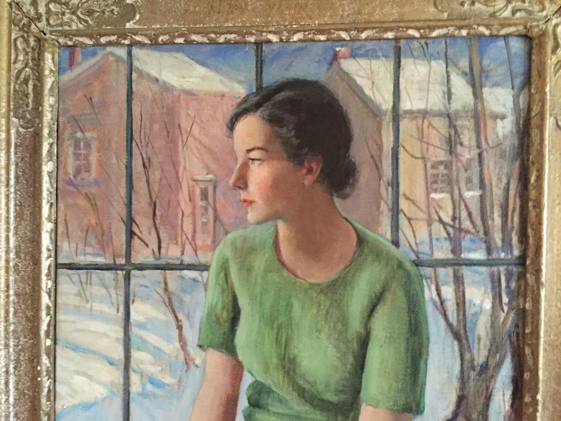 1930s Portrait of a Young Connecticut Woman & Winter Snow Scene Landscape Oil Painting by Harry Farl - 3