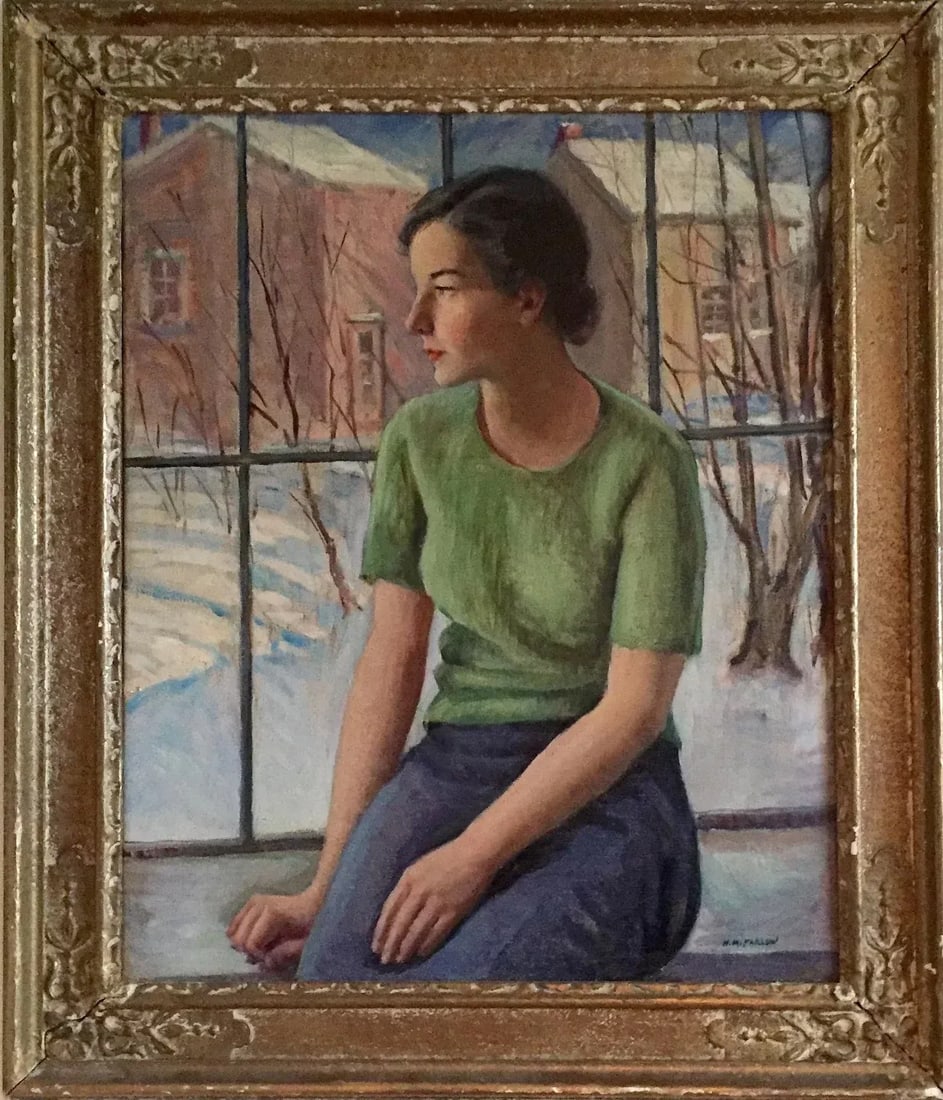 1930s Portrait of a Young Connecticut Woman & Winter Snow Scene Landscape Oil Painting by Harry Farl - 4