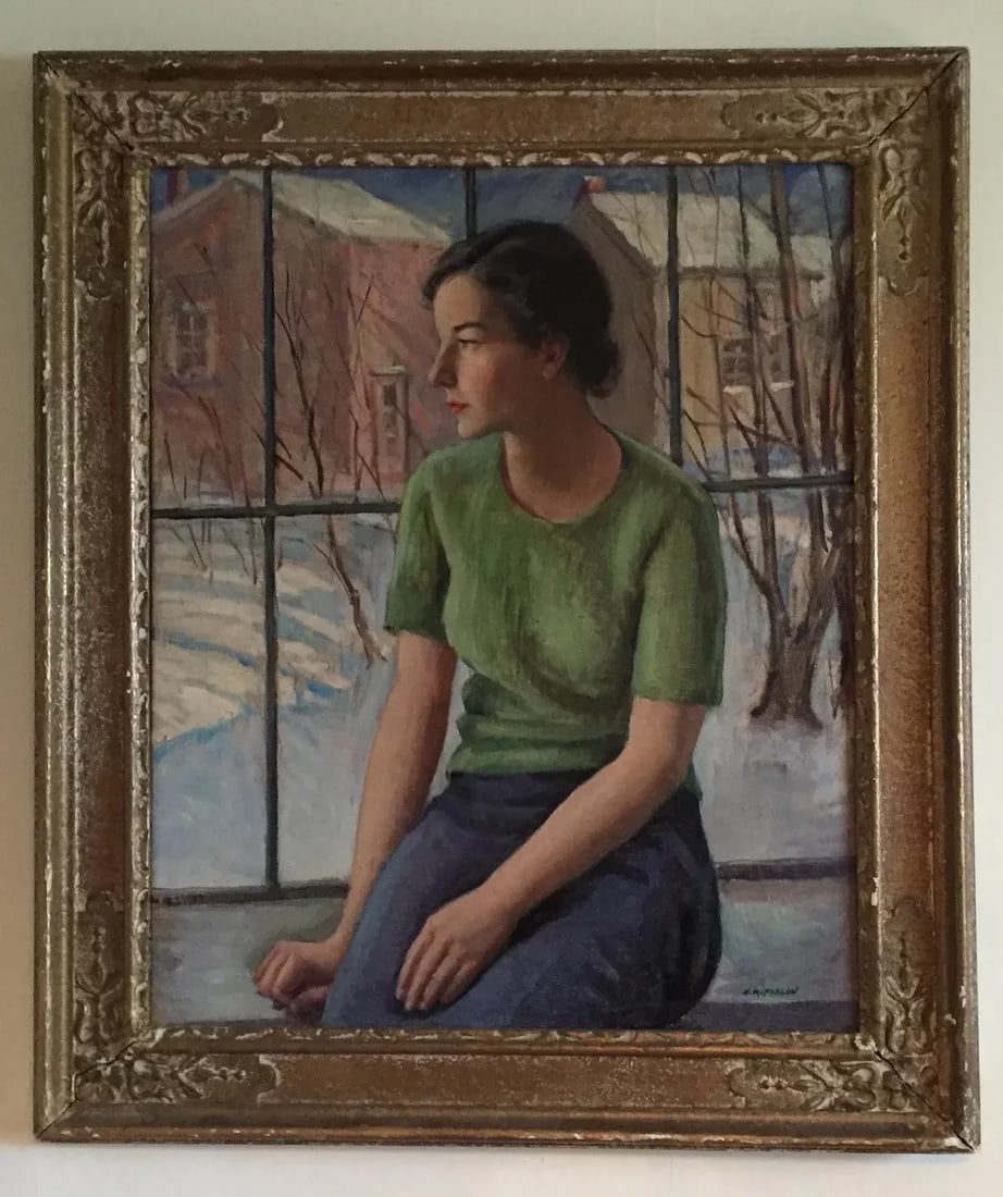 1930s Portrait of a Young Connecticut Woman & Winter Snow Scene Landscape Oil Painting by Harry Farl - 5