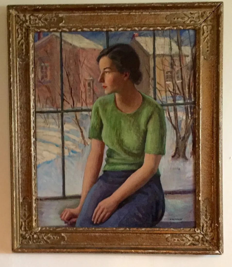 1930s Portrait of a Young Connecticut Woman & Winter Snow Scene Landscape Oil Painting by Harry Farl - 8