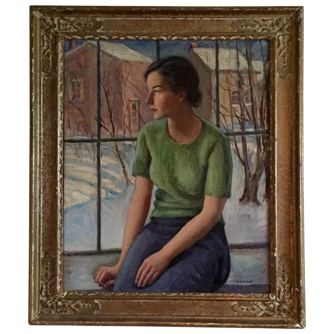 1930s Portrait of a Young Connecticut Woman & Winter Snow Scene Landscape Oil Painting by Harry Farl - 9