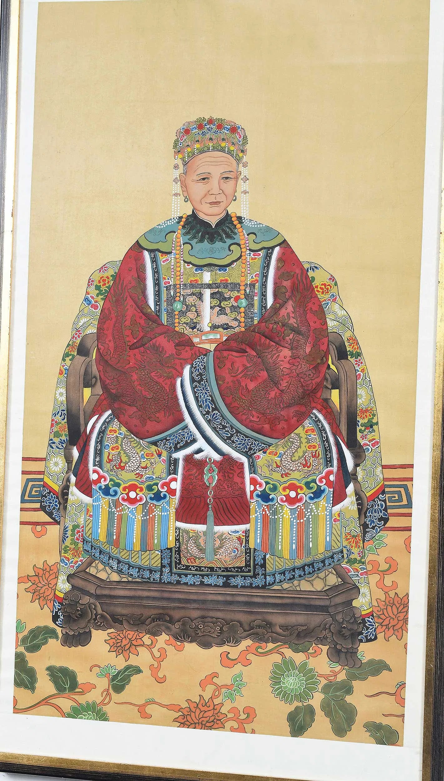Pair Vintage Chinese Ancestral Painted on Silk Framed Portraits - 4